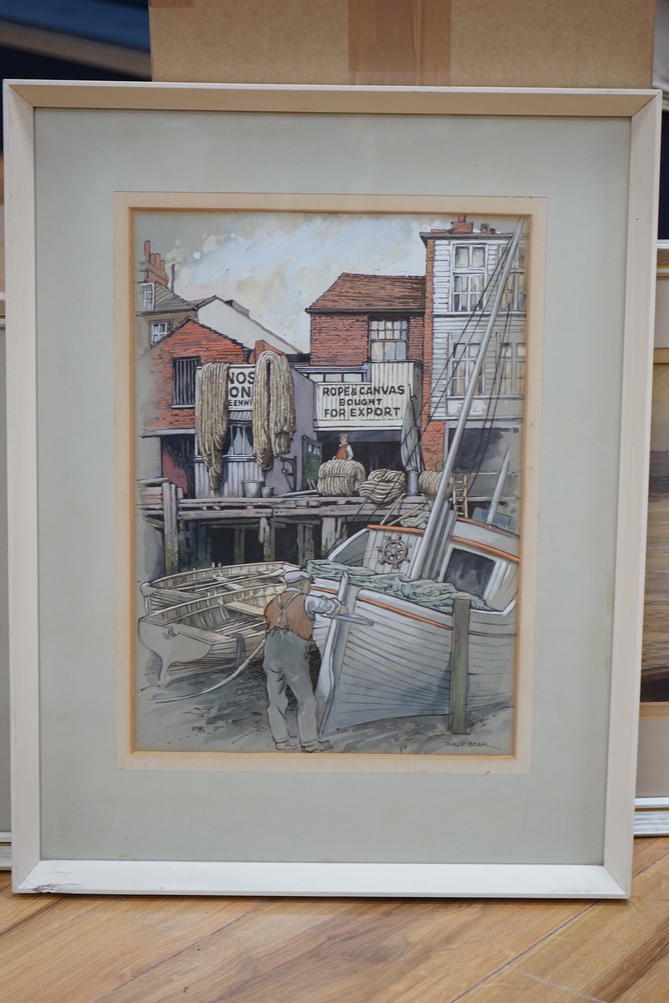 Philip Bear (b.1932), three watercolours, 'Dredging', 'Greenwich Riverside' and 'Shipping in harbour', signed, largest 23 x 40cm